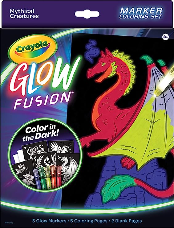 Crayola Glow Fusion, Glow in The Dark Coloring Set with Markers, Mythical Creature Coloring Pages, Gift for Kids