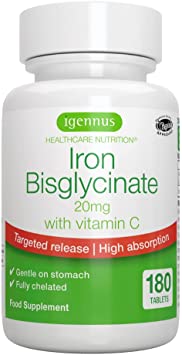 High Absorption Iron Bisglycinate 20mg with Vitamin C, Gentle Iron, Targeted Release, One-a-Day, Vegan, 180 Tablets, by Igennus