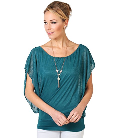 KRISP Womens Short Sleeve Batwing Chiffon Blouse With Necklace