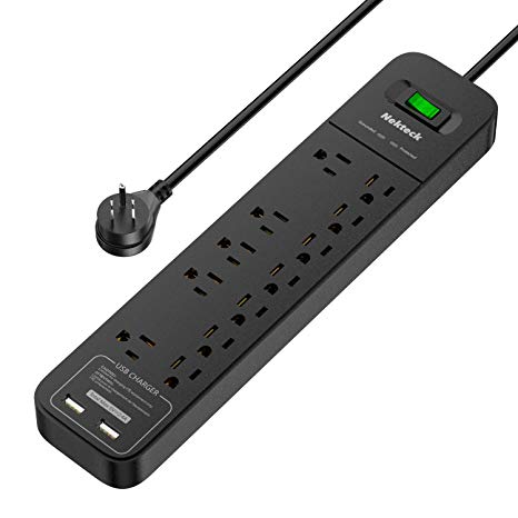 Nekteck Power Strip Surge Protector with 2 USB Ports and 12 AC Outlets, Flat Plug Power Strip with 6 ft Heavy Duty Long Cord for Travel, Home Theater, Office, Outdoor and More(2390-Joule, 5V/2.4A)