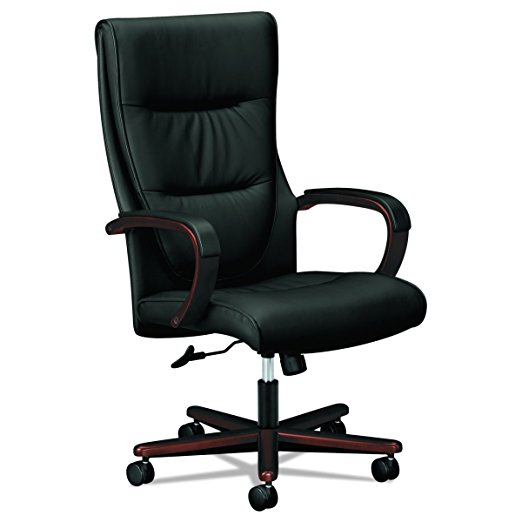 HON Topflight Executive Leather Chair - High-Back Office Chair for Computer Desk, Black/Mahogany (HVL844)