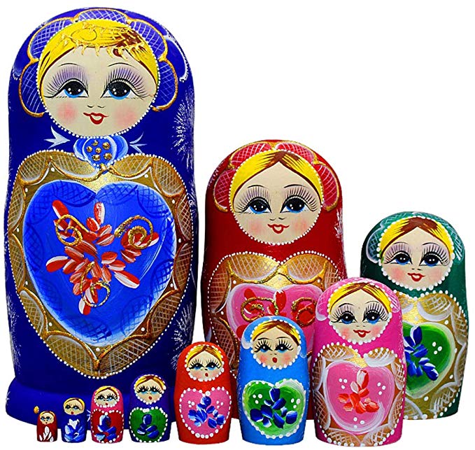 Moonmo 10pcs Blue Loving Heart Shaped Handmade Wooden Russian Nesting Dolls Matryoshka Wooden Toys