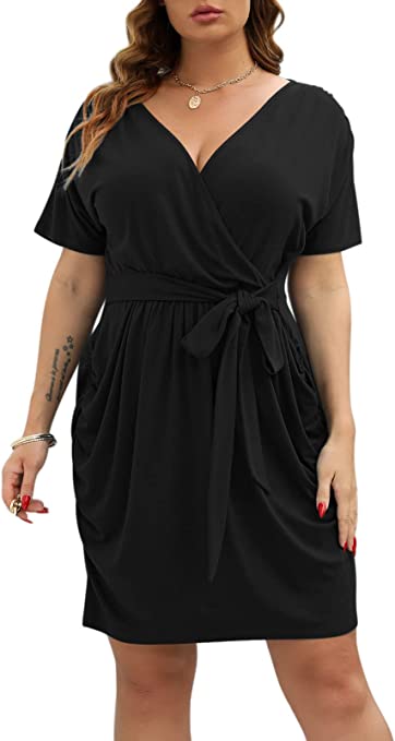 Nemidor Womens Plus Size Wrap Dress Cotton Fitted Ruched Cocktail Party Short Dress NEM294