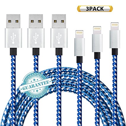 Lightning Cable - 3Pack 3FT 6FT 10FT, DANTENG Extra Long iPhone Cable - Nylon Braided 8 Pin to USB Cord for iPhone 7,6s,6 Plus,SE,5s,5,Pad,iPod(Blue White)