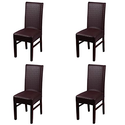 Dining Chair Covers, My Decor Solid Pu Leather Waterproof Stretch Dining Chair Protctor Cover Slipcover, Lace Coffee, 4 Pack