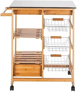 Moveable Kitchen Cart with Stainless Steel Table Top & Three Drawers & Three Baskets Burlywood