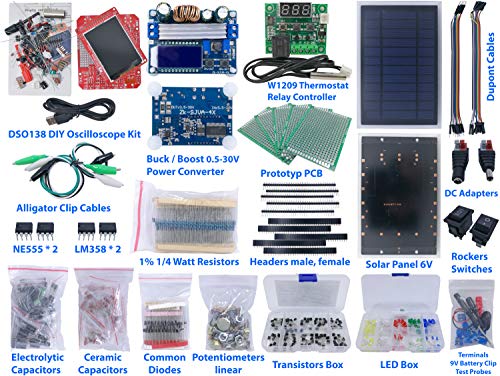 Electronic Components & Tools Assortment DIY DSO138 Mini USB Oscilloscope, Buck Boost Converter, Solar Panel, Thermostat, Cables, Capacitors, Resistors, Transistors, LED, Diodes, Potentiometer, PCB