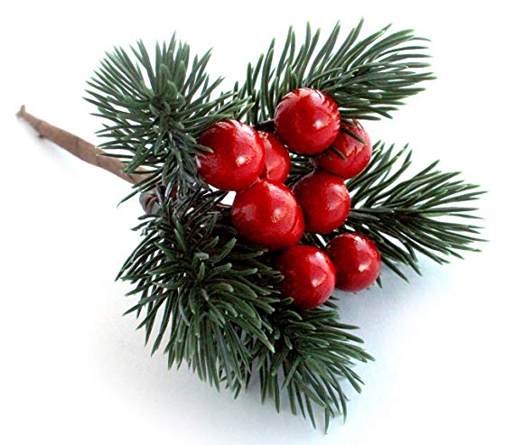 Red Berry Décor Evergreen Wreath Picks & Pine Branches Artificial for Christmas Crafts & Winter Berries Spray - Holly Wire Stem Pick Holiday Decorations DIY Ornaments, Party Floral Arrangement