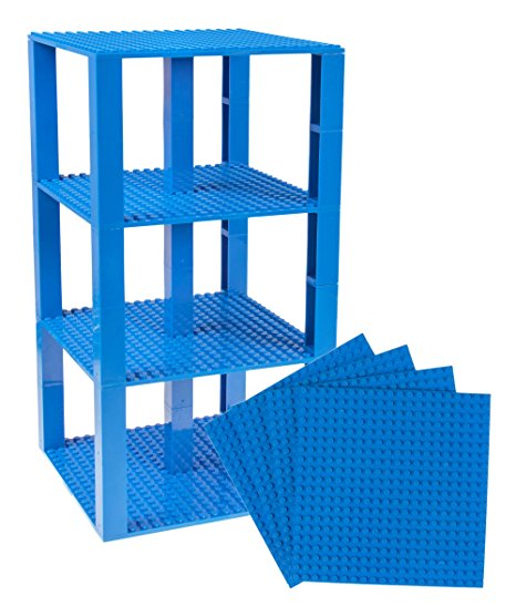Premium Blue Stackable Base Plates - 4 Pack 6" x 6" Baseplate Bundle with 30 New and Improved 2x2 Stackers - Compatible with All Major Brands - Tower Construction