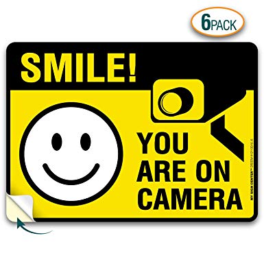 (6 Pack) Smile You're on Camera Sticker, Premium 4 Mil Self Adhesive Vinyl Decal, Indoor and Outdoor Use, 2.5" x 3.5“ - by My Sign Center, 21130H1-VL-6