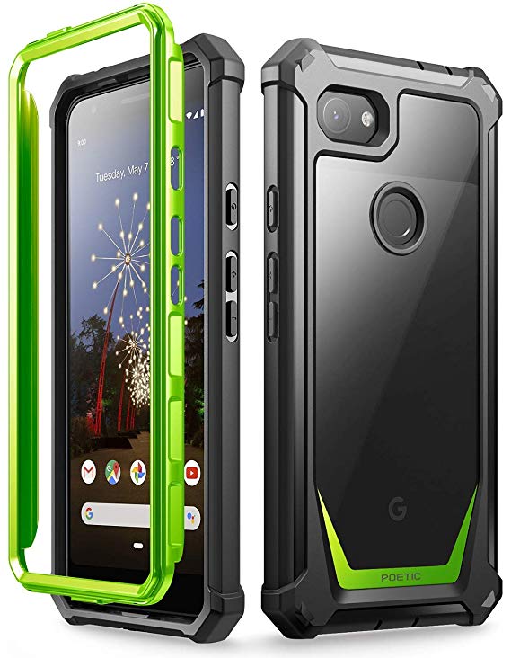 Google Pixel 3a XL Rugged Clear Case, Poetic Full-Body Hybrid Shockproof Bumper Cover, Built-in-Screen Protector, Guardian Series, Case for Google Pixel 3a XL (2019 Release), Green/Clear