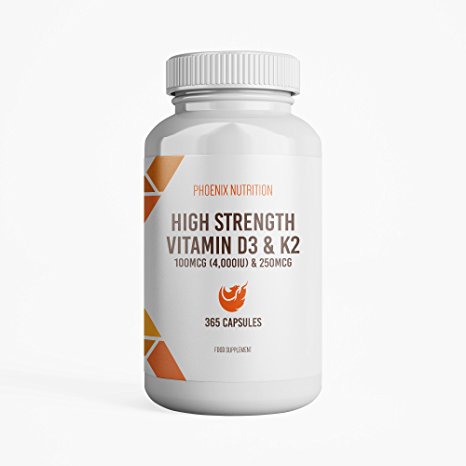 High Strength Vitamin D3 & K2 | 365 Capsules - 4,000iu / 250mcg by Phoenix Nutrition