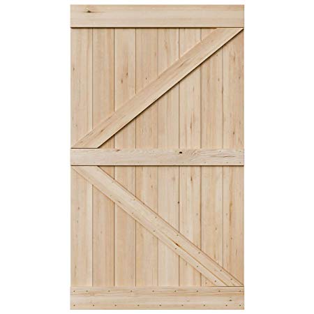 SmartStandard 48in x 84in Sliding Barn Wood Door Pre-Drilled Ready to Assemble, DIY Unfinished Solid Hemlock Wood Panelled Slab, Interior Single Door, Natural, Frameless K-Shape (Fit 8FT Rail)