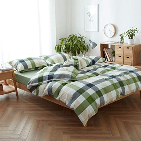 DOUH Washed Cotton Duvet Cover Queen(90x90 inch), 3 Piece(1 Duvet Cover, 2 Pillowcases) Grid Patterns Green Duvet Cover Sets, Simple Style Bedding Set for Kids, Boys and Girls