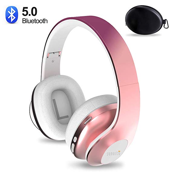 Over Ear Bluetooth Headphone,Sunvito Wireless Stereo Headset V5.0 with Built-in Mic, Foldable & Soft Earmuffs,Support TF Card MP3 and FM Radio for Cellphones/Laptop/TV (Rose Gold)