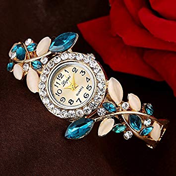 Women Jewelry Watch, Alloy Leaf Strap Rhinestones Decoration Dial Quartz Analog Bracelet Wristwatch