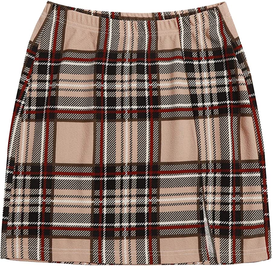 DIDK Women's Casual Tartan Plaid High Waist Bodycon Mini Skirt