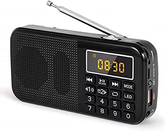 J-725C Mini Portable Radio FM Digital Radio with Alarm Clock, 3000mAh Rechargeable Battery Operated, USB TF Card AUX MP3 Radio, LED Emergency Flashlight, by PRUNUS(Black)