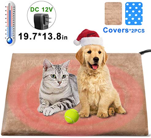 Pet Heating Pad (2019 Upgraded Large Heating Area), Pet Heated Warmer Pad Blanket Mat for Dogs Cats, 100% Safe Pet Bed with Waterproof Anti Chew & Removable Flannel Covers (19.6'' x 13.8'')