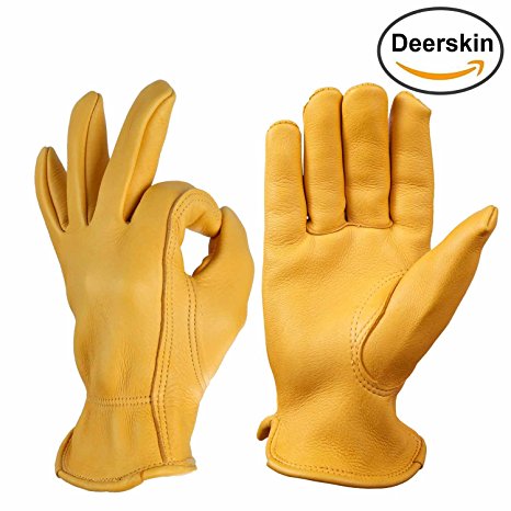 OZERO Hunting Gloves, Grain Deer Leather Shooting Gloves for Rubbing Jewelry/Driving/Riding/Gardening/Farm - Extremely Soft and Sweat-absorbent - Perfect Fit for Men & Women, Gold/Black (M/L/XL)