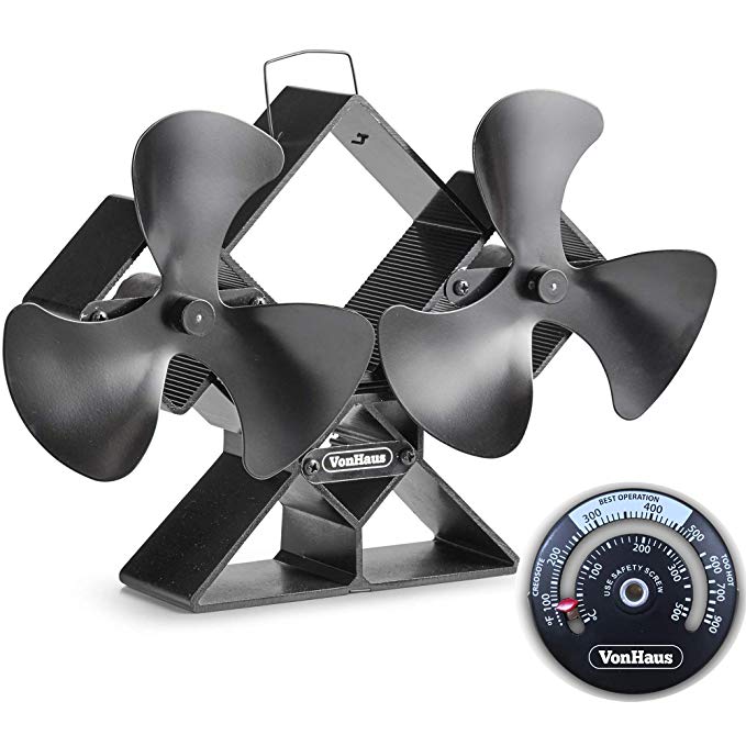 VonHaus 6-Blade Twin Motor Double Heat Powered Wood Stove Fan with Temperature Gauge - Ultra Quiet Fireplace Wood Burning Eco Fan for Efficient Heat Distribution – Black (6 Blade)