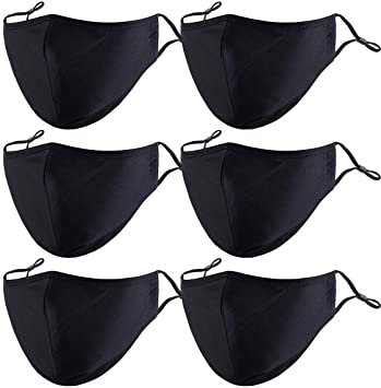 PAGE ONE Unisex Cotton Cloth Face Masks Reusable Washable,Anti-Fog Dust-Proof Mouth Cover/Black Mask 6PC