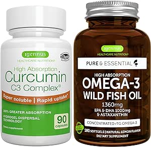 High Absorption Omega-3 Wild Fish Oil 1360mg + Curcumin C3 Complex Bundle, 1000mg EPA & DHA with Astaxanthin + 300% Greater Absorption Curcuminoids with Rapid Uptake, by Igennus