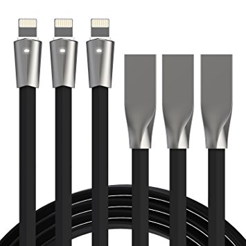 Aimus [3Pack 6FT] Lightning Cable W/ LED Light Flat High Speed Charging USB Cord for iPhone Charger 7/7 Plus/6s/6s Plus/6/6 Plus/5/5S/5C/SE/iPad Air/Mini and iPod (Black)