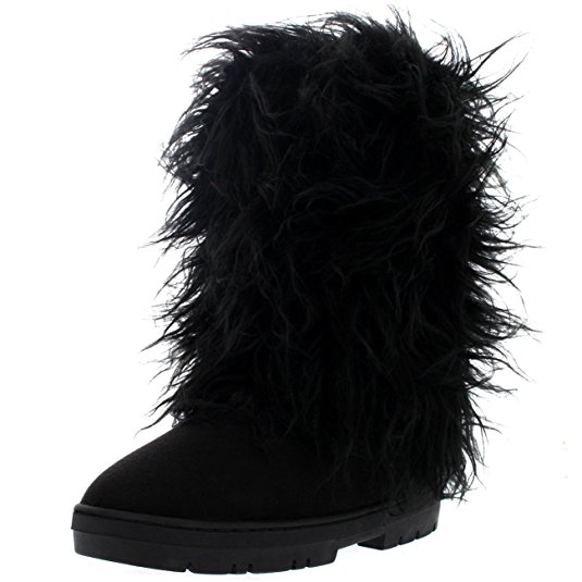 Womens Long Fur Covered Rain Fur Lined Winter Waterproof Tall Snow Boots