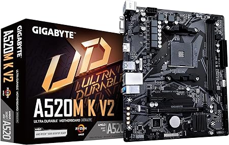 Gigabyte A520M K V2 Motherboard - Supports AMD Ryzen 5000 Series AM4 CPUs, up to 5100MHz DDR4 (OC), PCIe Gen3 x4 M.2, GbE LAN, USB 3.2 Gen 1