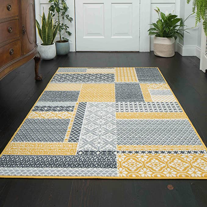 Milan Contemporary Traditional Ochre Yellow Mustard Grey Beige Patchwork Squares Pattern Design Living Room Bedroom Dining Room Area Rug 190cm x 280cm