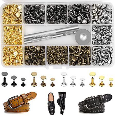 516 Sets Leather Rivets Kit Double Cap Brass Rivets Leather Studs with 3PCS Setting Tools for Leather Repair and Crafts, 4 Colors and 3 Sizes Jetmore