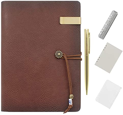 Wonderpool Leather Journal Lined Notebook with Pen - Refillable Binder Writing Spiral Diary with Business Notepads & Vintage Leather Cover for Office Plan Travel Work and Agenda (A5, Red brown)