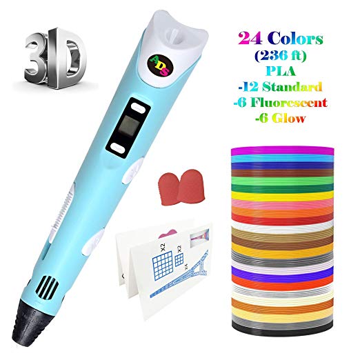 3D Printing Pen, Low Temperature with LED Display for Kids and Adults, Doodler Model Making, Art Crafts Tool, Compatible with PLA and ABS   Bonus 24 Color 236 Feet Filament Refills (Blue)