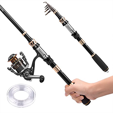 PLUSINNO Telescopic Fishing Rod and Reel Combos with Line Carbon Fiber Fishing Pole Portable Fishing Gear Stainless Steel Spinning Fishing Kit