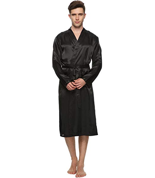 FAYBOX Men Satin Robe Long Bathrobe Lightweight Sleepwear