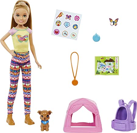 Barbie It Takes Two Camping Playset with Stacie Doll (~9 in), Puppy, Pet Tent, Pet Carrier, Sticker Sheet & Camping Accessories, Gift for 3 to 7 Year Olds