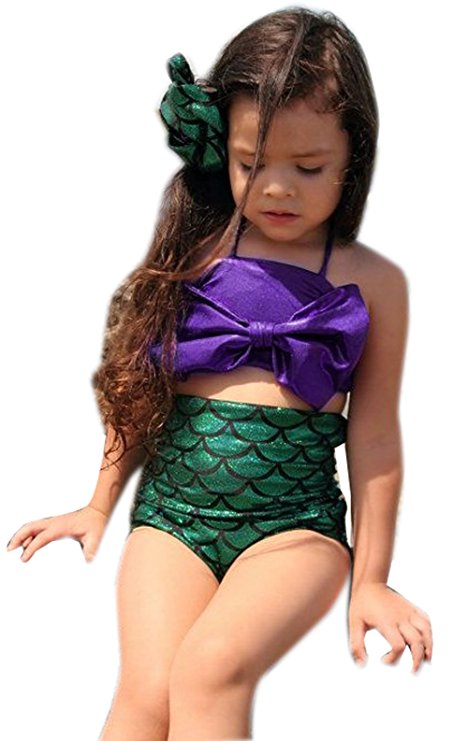 Little Girls 2 Pcs Princess Mermaid Tail Swimmable Costumes Bikini Set Swimwear