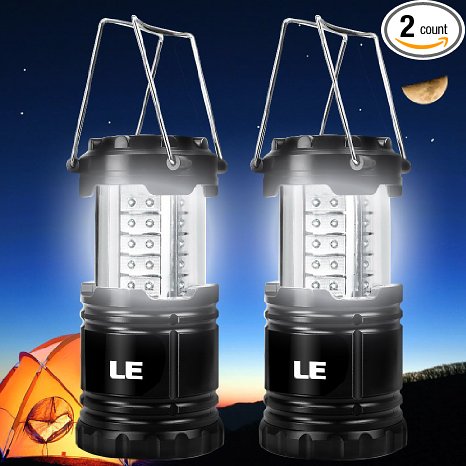 LE 2 Pack Portable Outdoor LED Camping Lantern Flashlights 30 LEDs Battery Powered Water Resistant Home Garden Camping Lanterns for Hiking Emergencies Hurricanes Black Collapsible