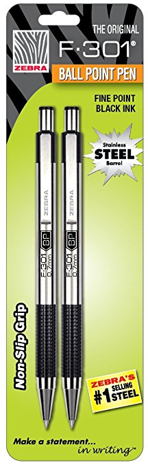 Zebra F-301 Stainless Steel Retractable Ballpoint Pen, 0.7mm, Black, 2 Pack (27112)