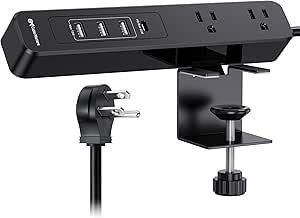 [ETL Listed] Cable Matters GaN Desk Clamp Power Strip with 65W USB-C Port, 3X USB-A Ports, 2X AC Outlets 6ft, Black, Desk Power Strip/Desk Power Station for Laptops, iPad Pro, Surface Pro, iPhone 15