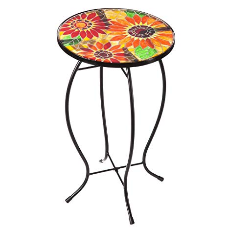 Evergreen Garden Outdoor-Safe Sunflowers Faux Mosaic Glass and Metal Side Table - 12.25" L x 12.25" W x 20" H