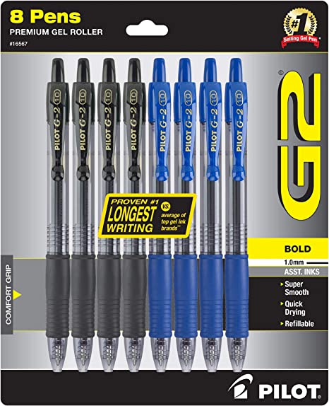 Pilot G2 Premium Refillable And Retractable Gel Ink Pens, Bold Point (1.0mm), Black and Blue, 8 Count (16567)