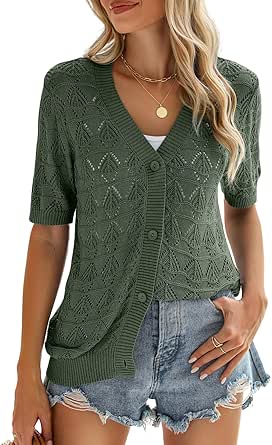 Zeagoo Women's Short Sleeve 2024 Summer Crochet Cropped Cardigan V Neck Button up Bolero Shrug Sweater