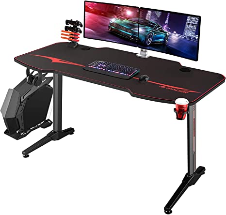 Homall Gaming Desk 55 inch Computer Desk Racing Style Office Table Gamer PC Workstation T-Shaped Game Station with Free Mouse Pad, Gaming Handle Rack, Cup Holder & Headphone Hook(55 Inch, Black)