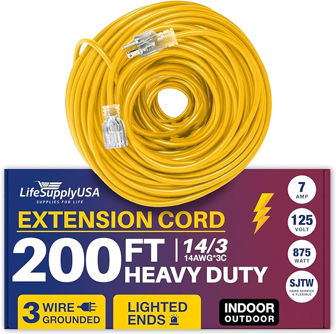 200 ft Power Extension Cord Outdoor & Indoor Heavy Duty 14 Gauge/3 Prong SJTW (Yellow) Lighted end Extra Durability 7 AMP 125 Volts 875 Watts by LifeSupplyUSA