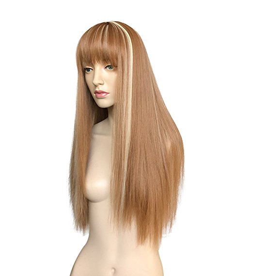 Namecute Long Straight Wigs Blonde Highlight Brown Full Hair Bang Wigs for Women   Free Wig Cap