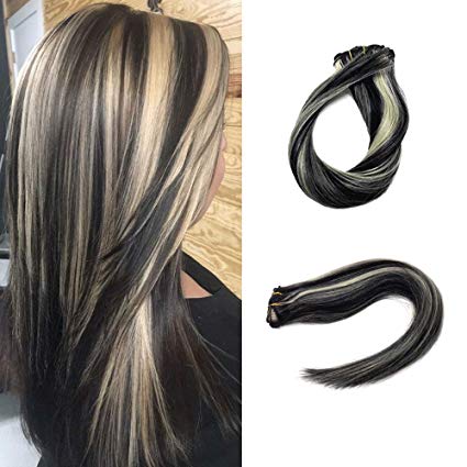 Benafee Highlight Blonde Clip in Human Hair Extension Real Human Hair 70 gram 7pcs 16 Clips Silky Straight Human Remy Hair Extensions (15 inch, Dark Black to Bleach Blonde)