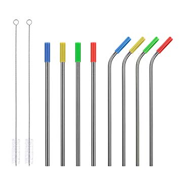 Metal Straws With Silicone Tip Stainless Steel 9.65" Drinking Reusable Straw (Set of 8) (4 Straight | 4 Bent | 2 Brushes) With Long Brush FDA For Starbucks YETI Beast Tumblers Smoothie Beverage