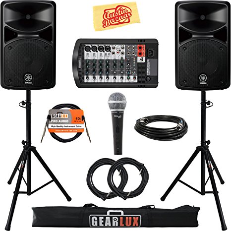 Yamaha STAGEPAS 400i Portable PA System Bundle with Microphone, Speaker Stands, Cables, and Austin Bazaar Polishing Cloth